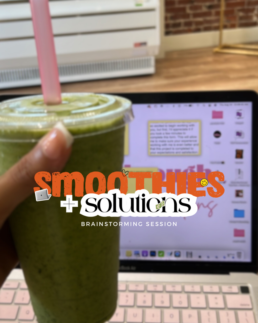 a smoothie being held in front of a laptop inside of a smoothie shop with the words smoothies and solutions