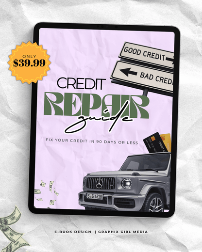 credit repair journal cover shown on an iPad. there is a purple background with a luxury car & credit cards